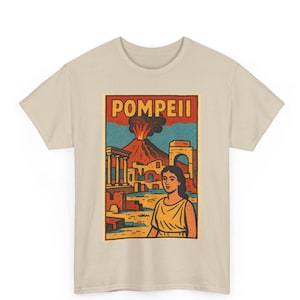 Maglietta Pompei: maglietta grafica con fumetto retrò e vulcano, per gli amanti della storia