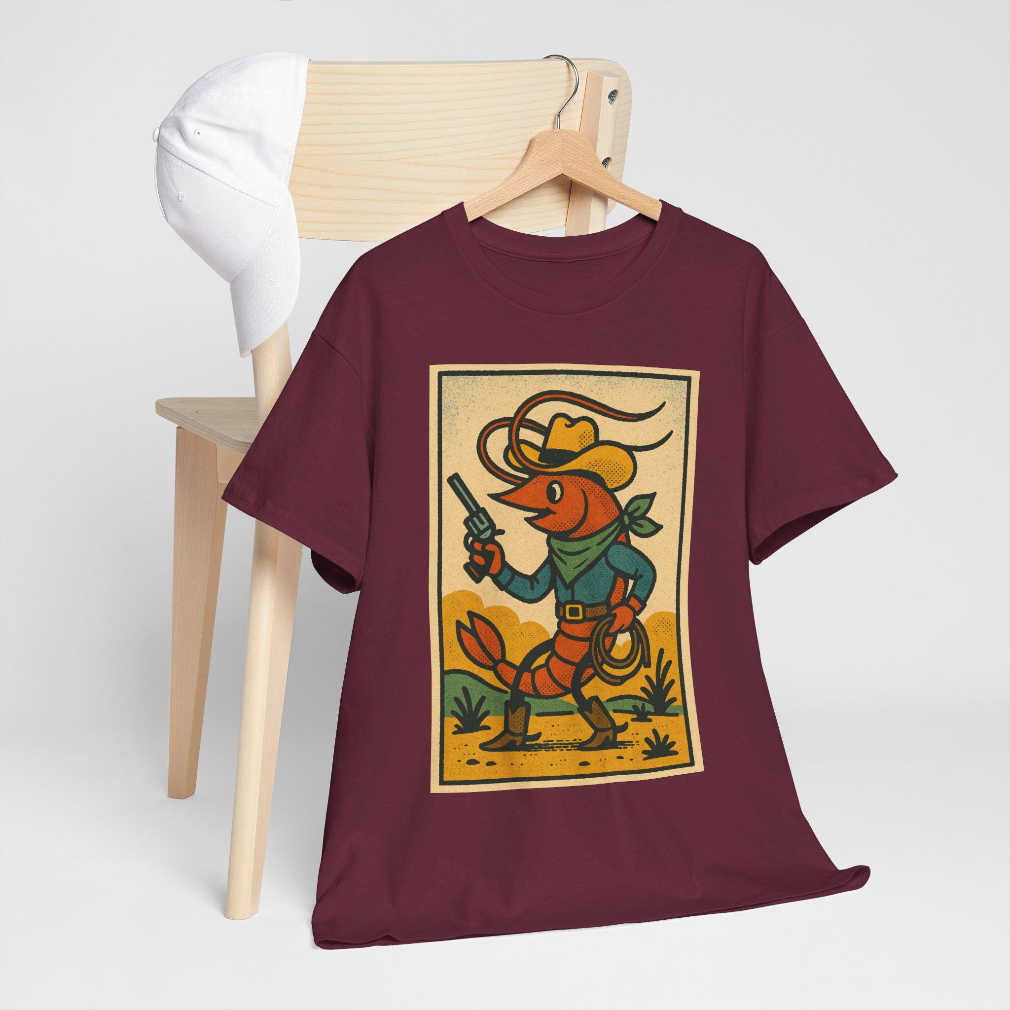 Cowboy Shrimp T-shirt: Retro Comic Western Crustacean Tee for