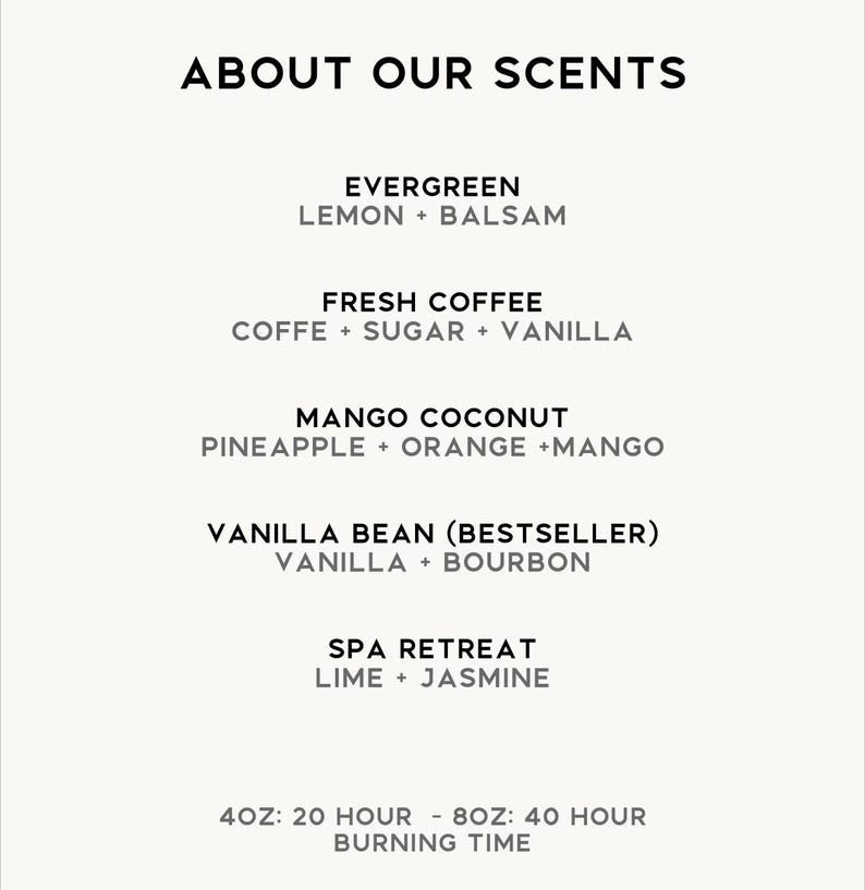 K&ouml;nnte beinhalten: Eine cremefarbene Grafik listet die verf&uuml;gbaren D&uuml;fte auf. Der Text lautet "&Uuml;BER UNSERE D&Uuml;FTE", gefolgt von den D&uuml;ften: Evergreen, Fresh Coffee, Mango Coconut, Vanilla Bean und Spa Retreat. Der Text unten zeigt die Gr&ouml;&szlig;en 4oz und 8oz mit Brenndauer an.