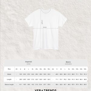 May include: White t-shirt with length and width measurements in inches. The image includes a size chart with measurements for XS to 5XL sizes. The brand name "VERATRENDS" is at the bottom.