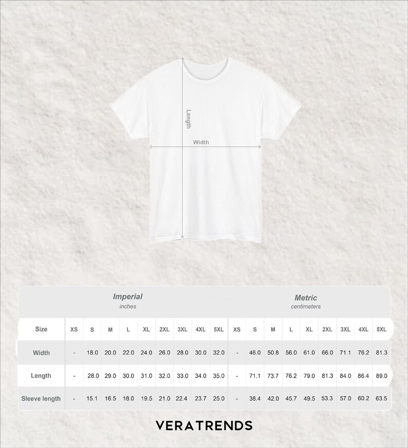 May include: White t-shirt with length and width measurements in inches. The image includes a size chart with measurements for XS to 5XL sizes. The brand name "VERATRENDS" is at the bottom.