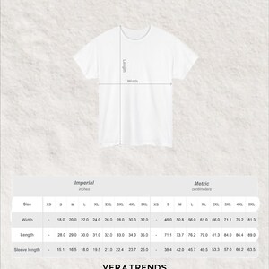 May include: White t-shirt with length and width measurements in inches. The image includes a size chart with measurements for XS to 5XL sizes. The brand name "VERATRENDS" is at the bottom.