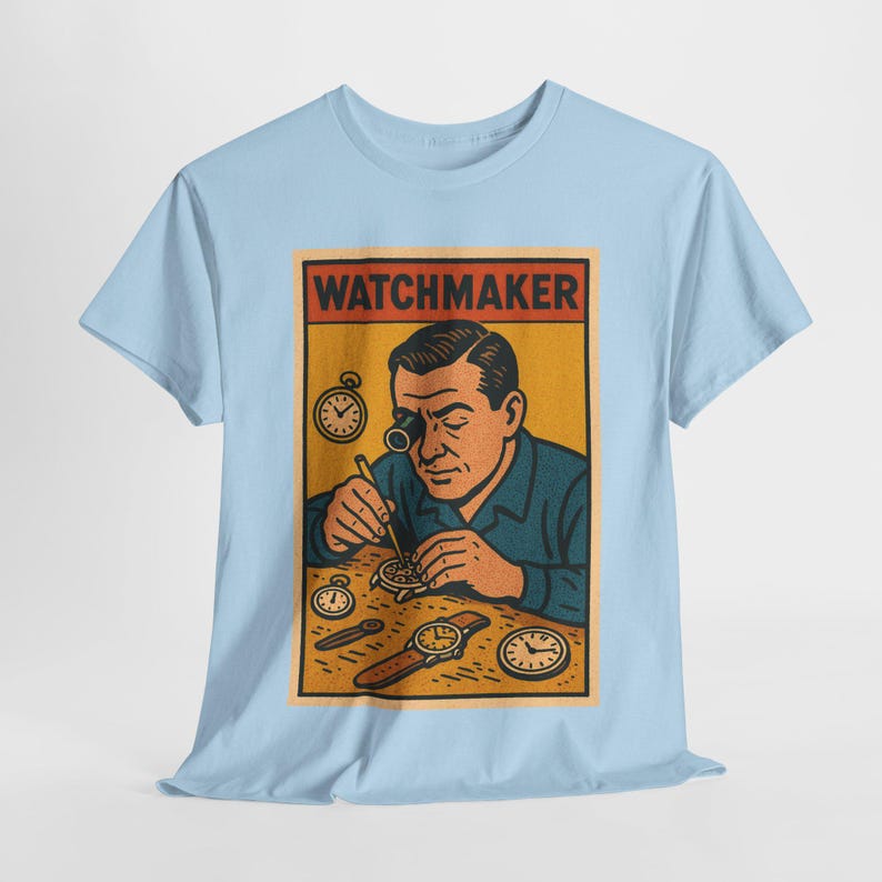 Watchmaker T-Shirt: Vintage Retro Comic Horology Gift Light Blue