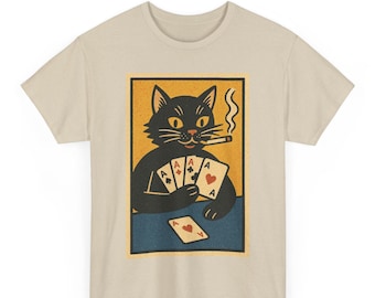Camiseta unisex de gato jugando a las cartas / Camiseta divertida de gato estilo cómic retro / Gráfico de póker vintage / Regalo genial para gamers y amantes de los gatos
