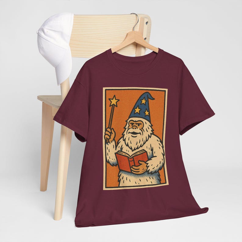 Wizard Yeti T-Shirt: Retro Comic Style Fantasy Tee Maroon