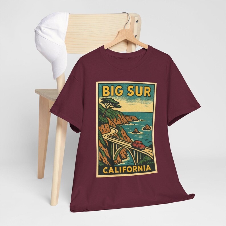 Big Sur T-shirt Unisex: Retro Kalifornien T-shirt Maroon