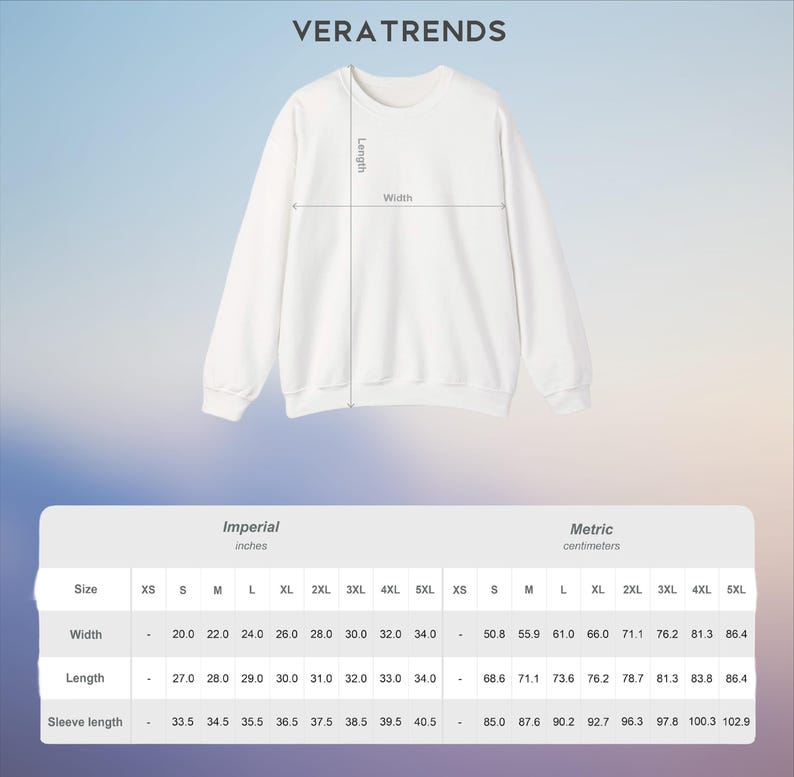 Może przedstawiać: Biała bluza z okrągłym dekoltem z wymiarami szerokości, długości i długości rękawa. Obraz zawiera tabelę rozmiar&oacute;w w calach i centymetrach, w rozmiarach od XS do 5XL. Marka "VERATRENDS" znajduje się na g&oacute;rze.