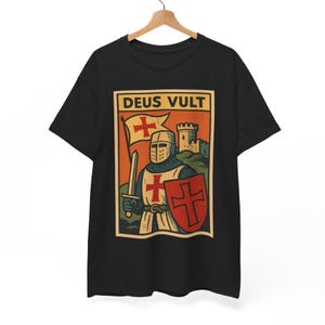 Deus Vult T Shirt Unisex | Retro Comic Style Crusader Motto Tee | Vintage Medieval Cross | Gift for History Buffs Knight Culture Fans