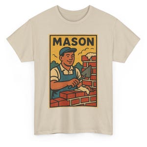 Mason T Shirt Unisex | Retro Comic Style Bricklayer Tee | Vintage Construction Worker Top | Cool Gift for Builders, Masons Trade Pros