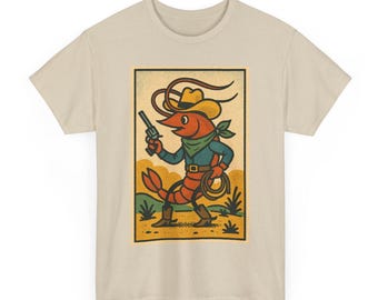 Cowboy Shrimp T-Shirt: Retro Comic Western Crustacean Tee for Funny Animal Fans