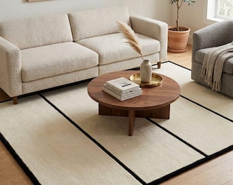Minimalist Japandi Rug 5x8 8x10 9x12, Handmade Tufted Cream & Black Geometric Area Rug For Modern Living Room And Bedroom Floor Decor