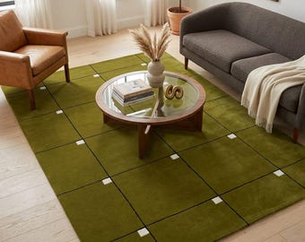 8x11 Olive Green Handmade Tufted Rug, Modern Geometric Area Rug, Minimalist Grid Wool Rug, Contemporary Living Room Rug 8x10,9x12,9x13,10x13