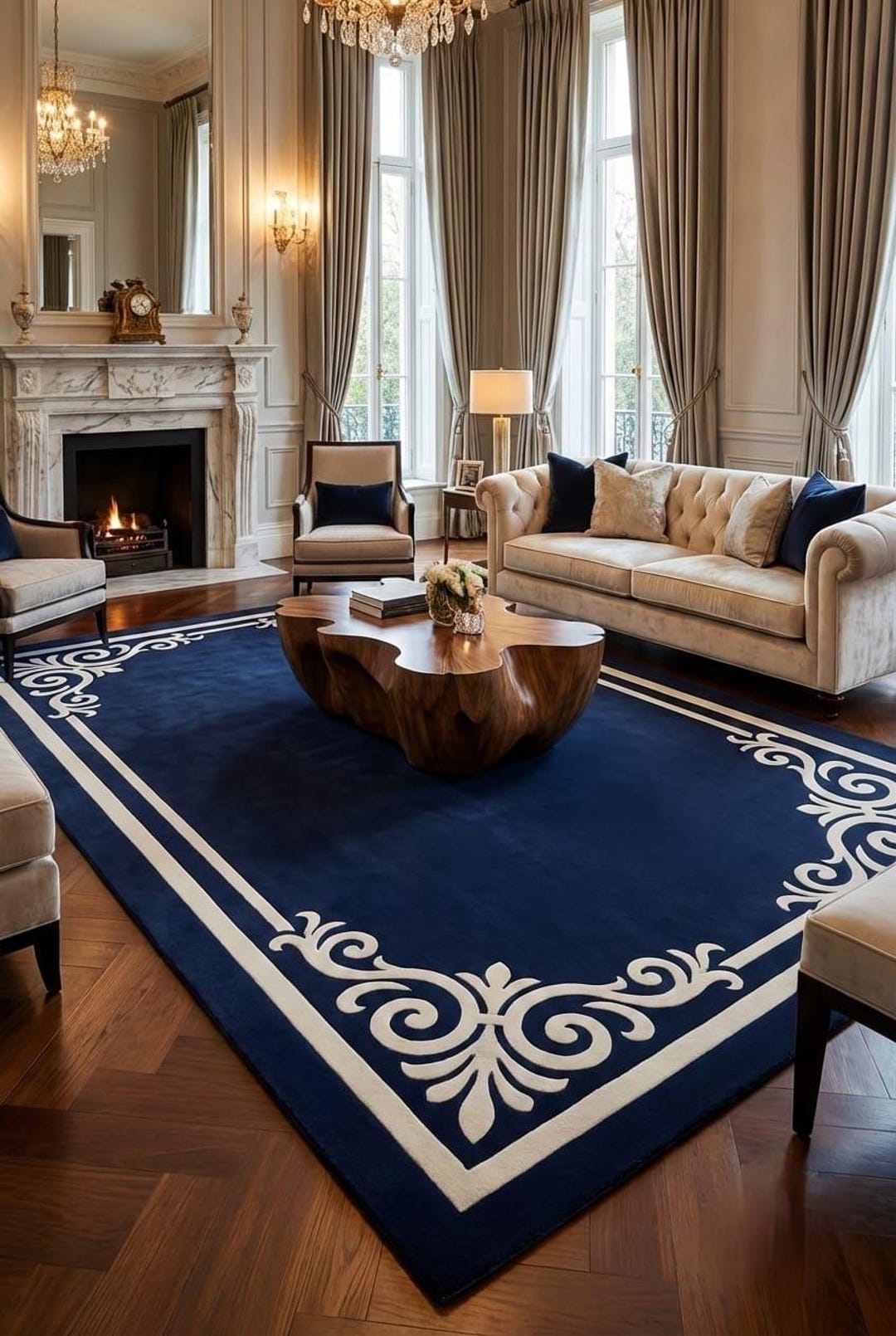 Navy Blue Custom Hand Tufted Rug - Large Ornate Border Wool Rug ...