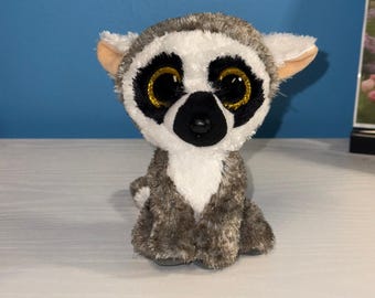 Ty Beanie Boo Linus the Lemur Gray White Plush 6” Gold Eyes Stuffed Animal
