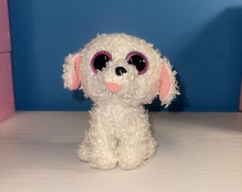 Peluche de perro blanco TY Beanie Baby Pippie de 15 cm con ojos rosados y purpurina EUC