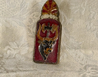 Vintage Greek Enamel Brass Desk Clip Double Sided Minoan Bull 1950s Decor