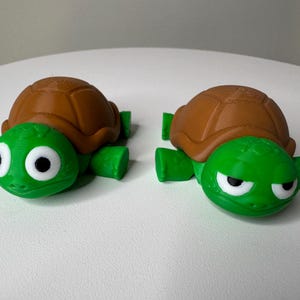 May include: Two green and brown turtle figurines with different facial expressions. The turtle on the left has a neutral expression, while the turtle on the right has a frowning expression.