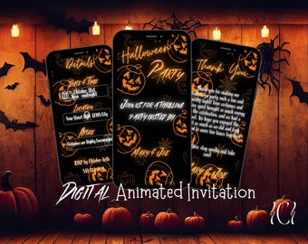 Könnte beinhalten: Eine digitale animierte Einladung zu einer Halloween-Party. Die Einladung zeigt einen schwarzen Hintergrund mit orangefarbenen Kürbis-Illustrationen und dem Text "Halloween Party" in Neonorange. Die Einladung enthält auch den Text "Schließen Sie sich uns zu einer aufregenden Party an, die von Mary & Joe ausgerichtet wird".
