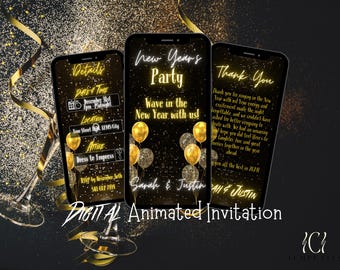 Puede incluir: Una invitación animada digital para una fiesta de Año Nuevo. La invitación está diseñada para parecerse a la pantalla de un teléfono inteligente con un fondo negro y brillo dorado. El texto de la invitación dice "Fiesta de Año Nuevo" y "Wave in the New Year with us!" La invitación también incluye un mensaje de agradecimiento y detalles sobre la fiesta, como la fecha, la hora y la ubicación.