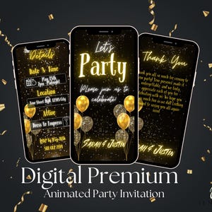 Sjabloon voor e-uitnodiging digitaal feest neon goud licht, sms-verjaardagsuitnodiging, downloadbare telefoon feestavond, zwarte neon gouden e-uitnodiging