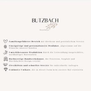 May include: Cream-colored graphic with the brand name "BUTZBACH" and the word "Manufaktur" below it. The text describes the company's values: family-run, unique products, sustainable production, high-quality craftsmanship, flexibility, and exclusive items.