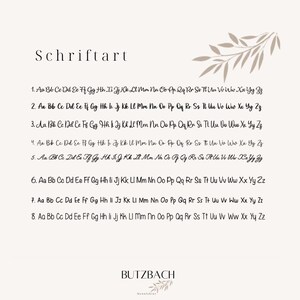 May include: A cream-colored graphic featuring the word "Schriftart" and eight font samples. Each sample displays the alphabet in uppercase and lowercase. The bottom of the image includes the text "BUTZBACH" and a leaf design.