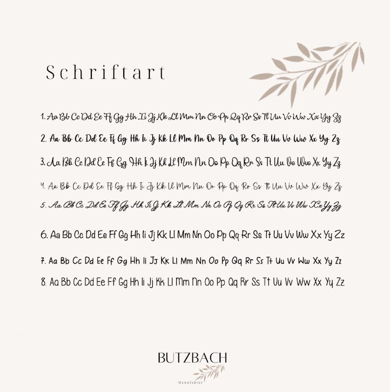 May include: A cream-colored graphic featuring the word "Schriftart" and eight font samples. Each sample displays the alphabet in uppercase and lowercase. The bottom of the image includes the text "BUTZBACH" and a leaf design.