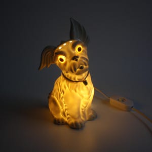 Könnte beinhalten: Eine keramische Hundelampe mit leuchtend orangefarbenen Augen und einer passenden Nase. Die Lampe ist cremefarben und hat ein Halsband. Die Lampe ist eingesteckt und eingeschaltet und erhellt den Raum mit einem warmen Schein. Die Lampe ist ein dekorativer Artikel.