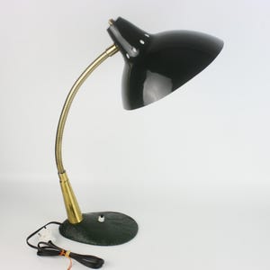 Vintage 1950s Gooseneck Table Lamp | Dark Green Lacquer & Brass | Mid Century Modern Desk Light | Adjustable Neck | Retro Lighting