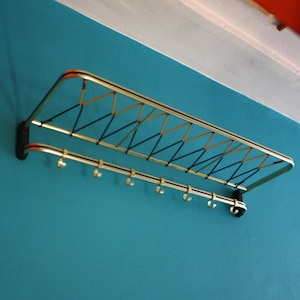 Vintage 1950s Golden Aluminum Wall Hanger – Mid-Century Modern Coat Rack with Hooks & Storage Shelf – 80x15x28cm
