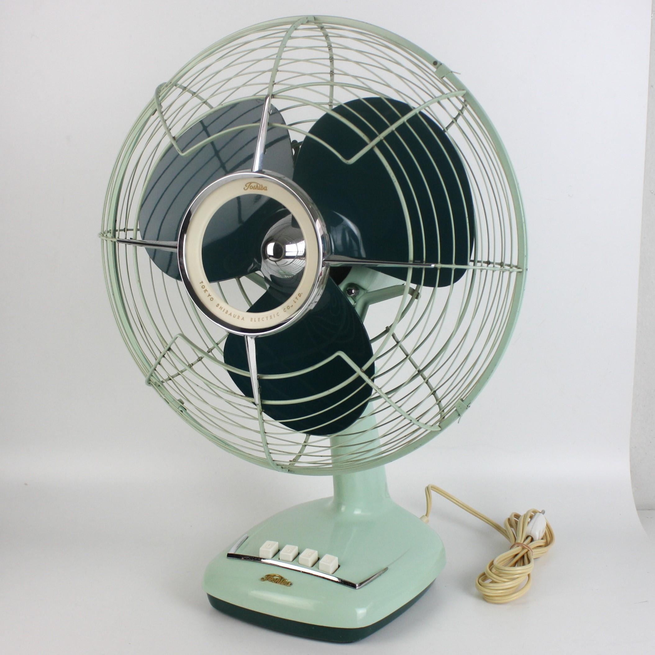Vintage 1960s Toshiba Desk Fan – Mint Green Oscillating Metal Mid