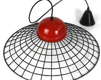 Vintage 1980s Memphis Style Pendant Light – Red Black Metal Grid Wire Shade