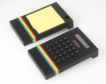 Retro Rainbow Desk Set , Calculator & Note/Pencil Holder, 80s Inspired Office Decor, Vintage Desk Accessories, Gift for Office Lovers