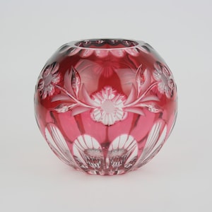 Vintage 1960s Nachtmann Cranberry Cut to Clear Crystal Bowl Vase – 15cm – Round Floral Etched Glass – Bohemian Crystal – Made in Germany