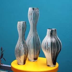1950s Dino Martens Murano Glass Vase Set – Italian Art Glass – Black & White Striped Trio – Mid-Century Modern – 42cm, 32cm, 27cm Height