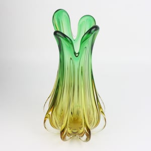60s Sommerso Murano Glass Vase | Green & Amber Ribbed Art Glass | Mid Century Modern Italian Vase | 31cm