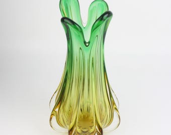 Sommerso Murano Glass Vase | Green Amber Ribbed Italian Art Glass