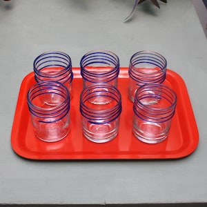 Vintage 80s Handblown Glass Tumblers – Set of 6 – Blue Swirl Rim – Retro Barware – Handmade Glassware