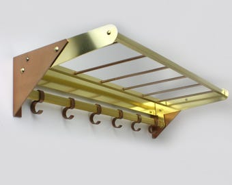 Vintage jaren 60 gouden geanodiseerde aluminium muurhanger | Middeleeuwse kapstok met haken | Retro opbergruimte in de hal | 60×26×13 cm