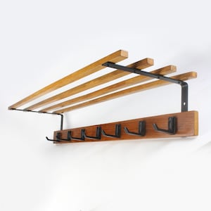 Vintage 1960s Wall Coat Rack with Hooks and Shelf | Mid-Century Modern Wall Hanger | Wooden & Metal Entryway Organizer