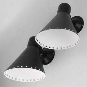 Vintage 1940s Industrial Black Iron Wall Sconces – Mid-Century Modern Cone Shade Lighting – Pair of Perforated Edge Wall Lamps