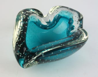 Vintage Murano Glass Ashtray | Aqua Blue Bullicante Sommerso Bowl, Mid Century Italian Art Glass