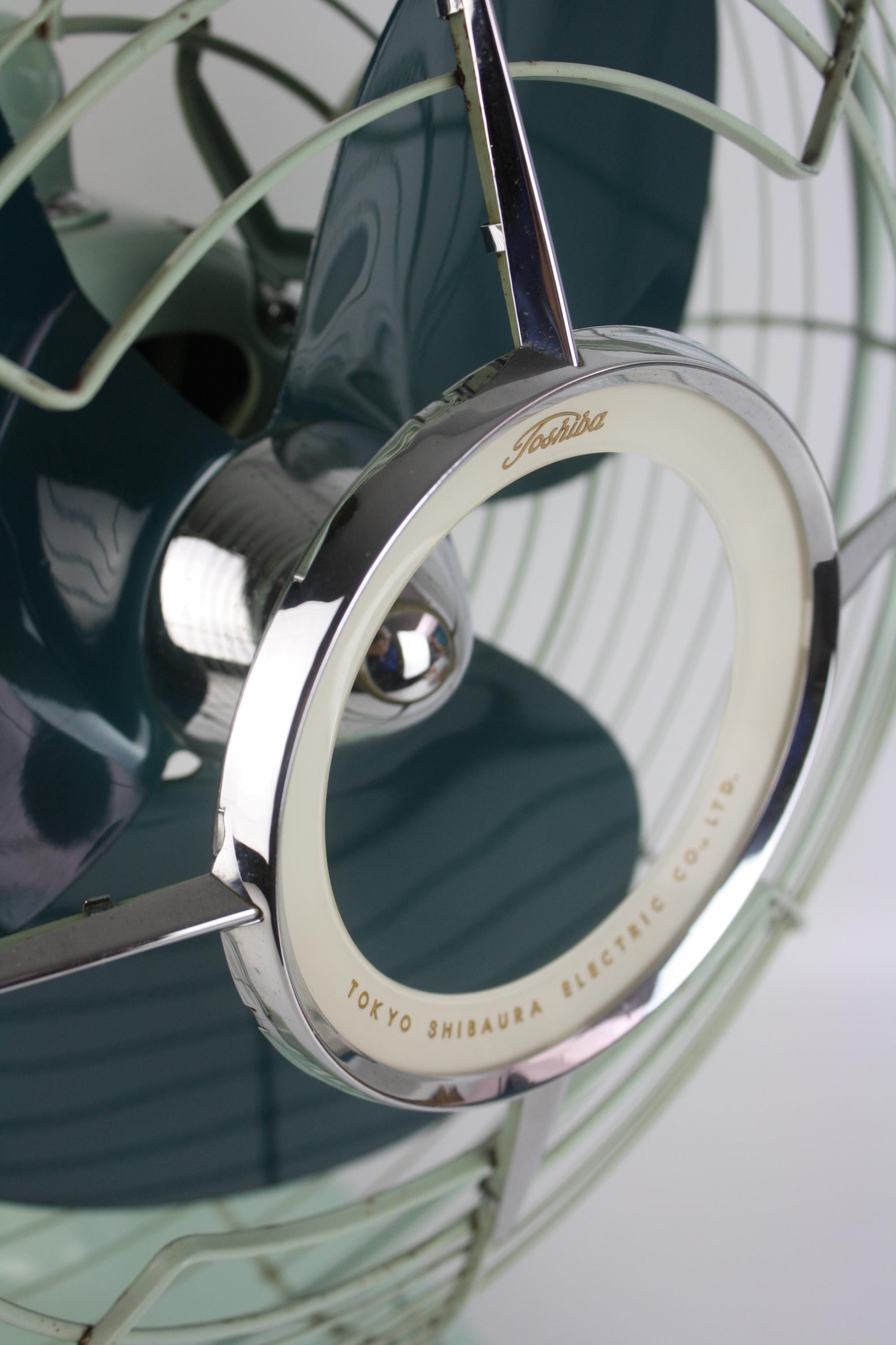 Vintage 1960s Toshiba Desk Fan – Mint Green Oscillating Metal Mid