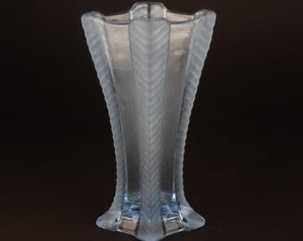 1930s Art Deco Pressed Glass Vase | Light Blue Geometric Design | Vintage 24x13cm