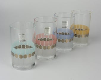 Vintage Pierre Cardin Sasaki-glazen uit de jaren 70 – moderne bekers met mat gouden stippen uit het midden van de eeuw – Japans servies – retro pastelkleurige drinkgerei (set van 4)