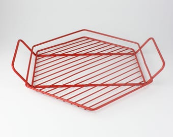 Vintage dienblad met rode draad uit de jaren 80 – geometrisch zeshoek keukendecor – retro metalen staafwagenbak