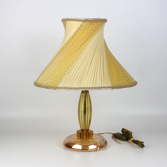 Art Deco Table Lamp: Iridescent Glass Base, Twisted Fabric Shade
