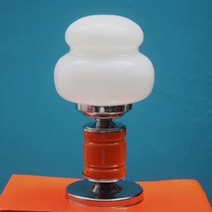 Vintage 1960s Space Age Table Lamp | Orange Metal & Chrome Base | Glass Shade | Mid-Century Modern Lighting | 29cm Height