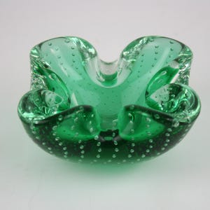 Vintage 1960s Murano Glass Bowl – Green Bullicante Art Glass Dish – Mid Century Modern Decor – Handblown Italy