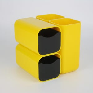 Vintage 1970s Modular Desk Organizer | Yellow & Black Plastic Storage | Space Age Mid-Century Modern Office Decor | 12x12x12cm